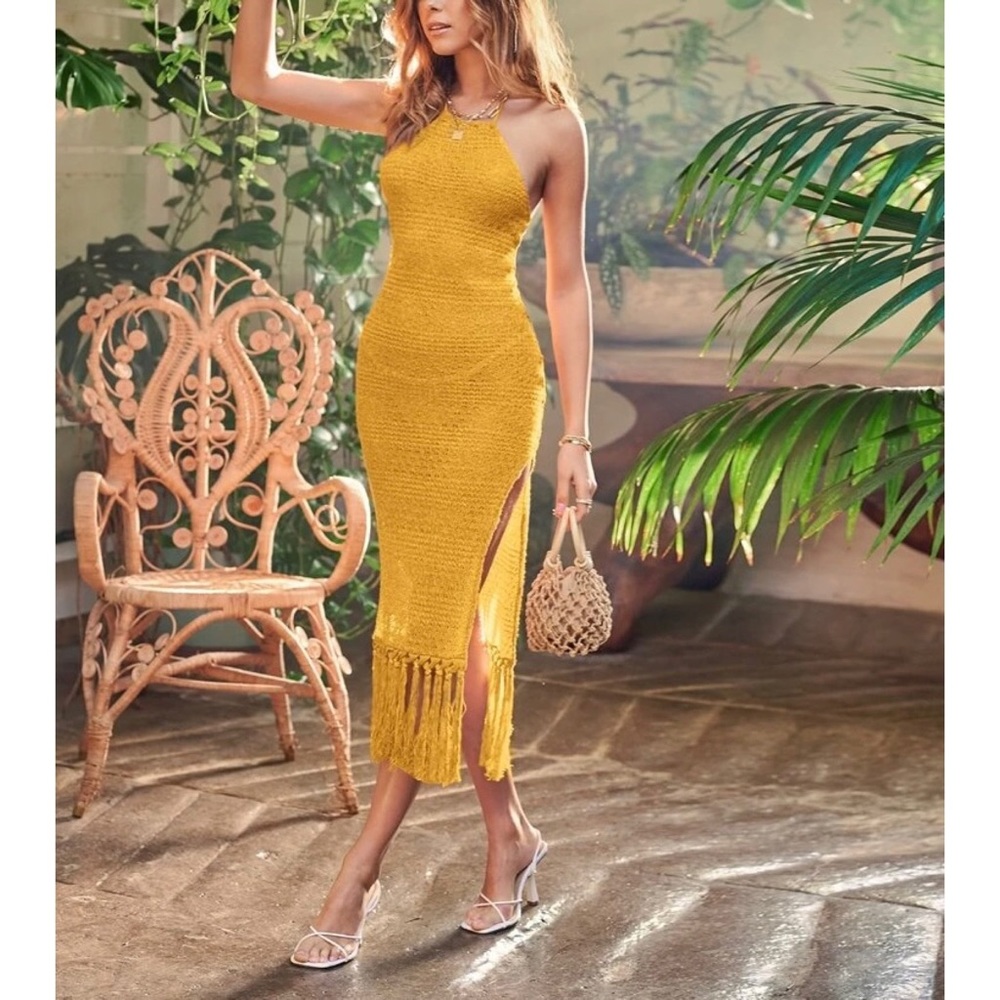 Aliyah Tied Backless Split Thigh Fringe Hem Halter Dress - Picture 1 of 6